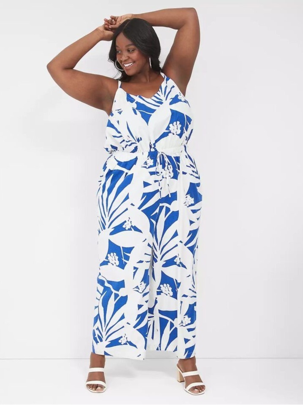 Lane Bryant Sleeveless Blue & White Tropical Print Jumpsuit